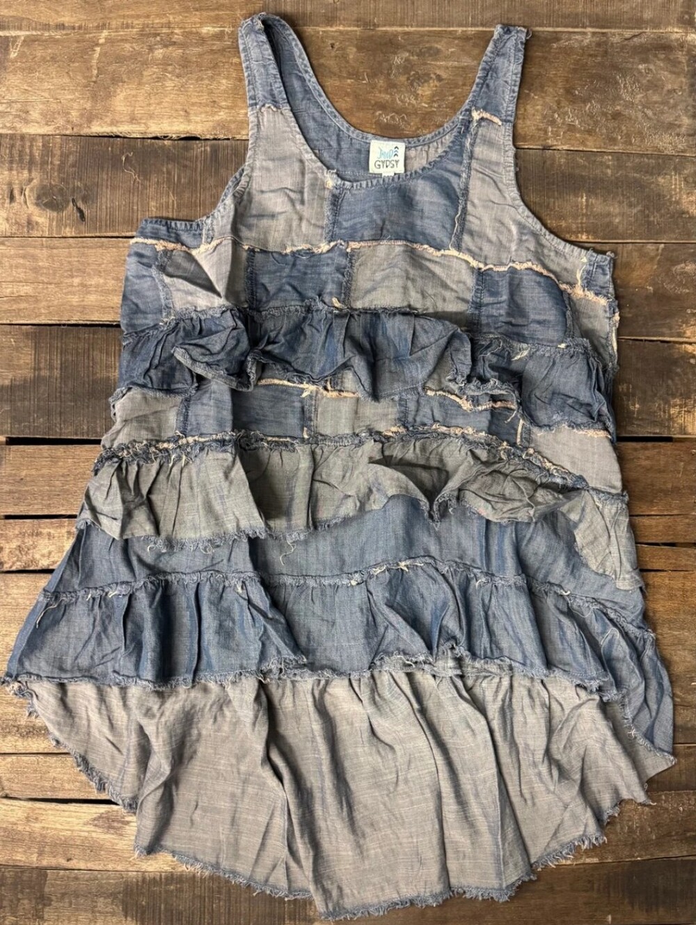 New Patchwork Skies Ruffle Tank, Jaded Gypsy Boho Tiered Ruffle Tank - Blue/Gray - Picture 3 of 3
